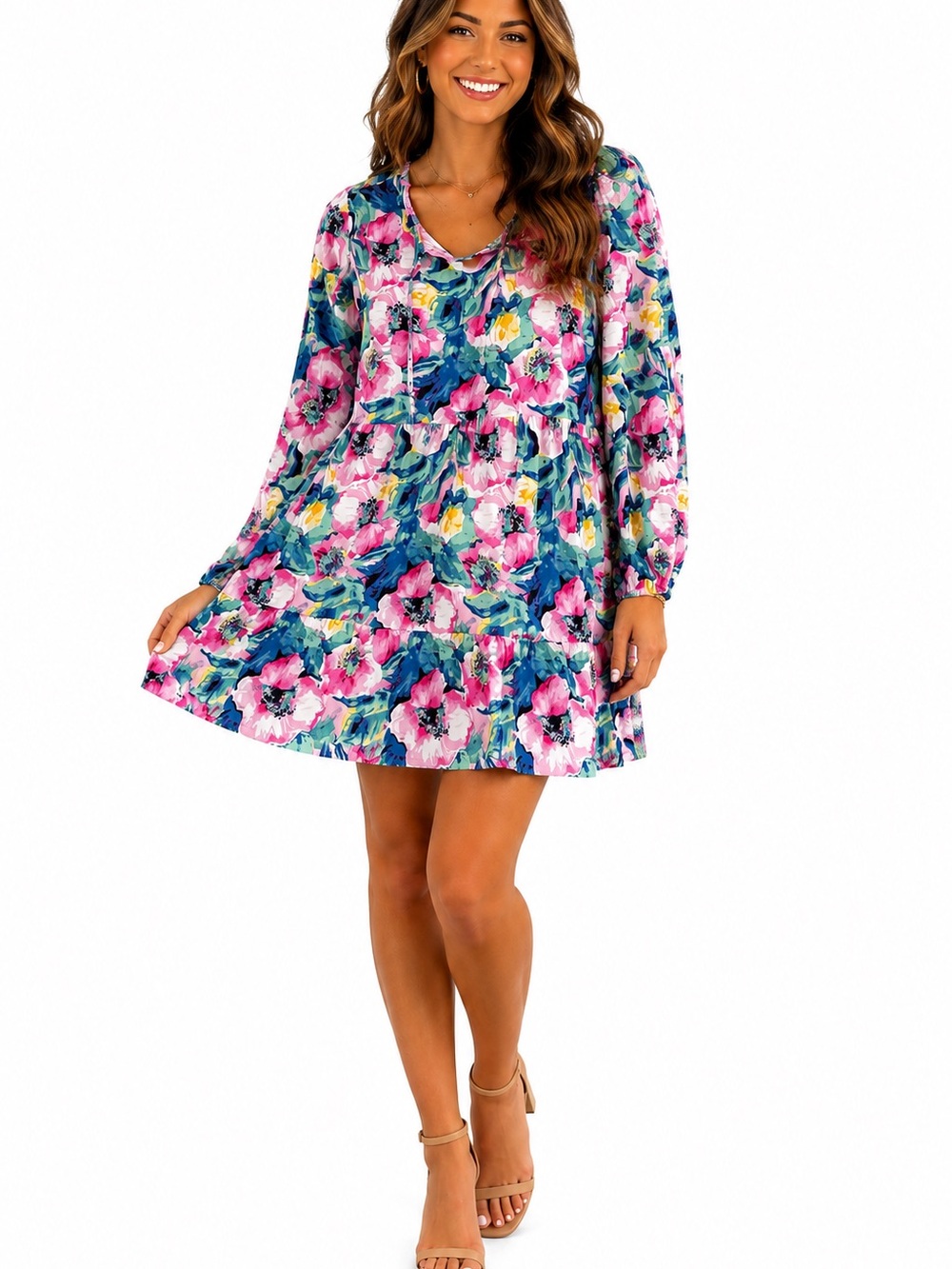 Floral V-Neck Long Sleeve Mini Dress - Pink/Blue